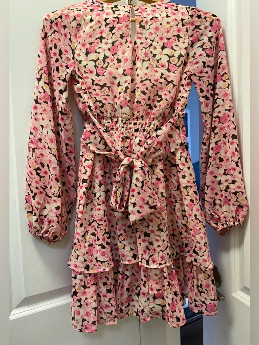 Japna Pink Floral V-Neck Long Sleeve Tiered Dress - Picture 7 of 10